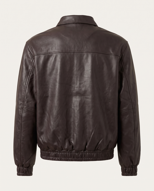 Regular fit trucker jacket in leather with flap pockets, brown — back