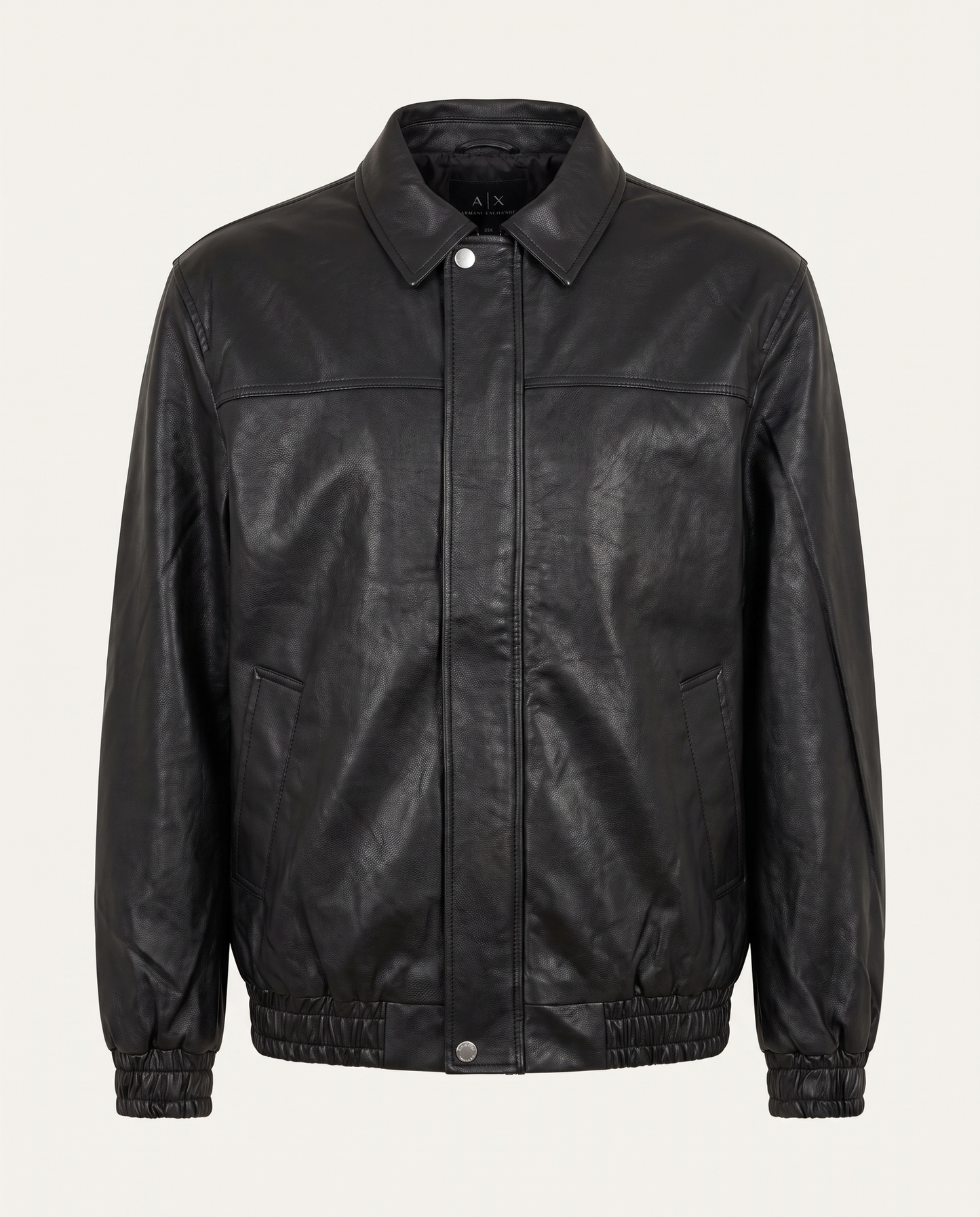 Regular fit blouson jacket in leather with yoke detail, black — front
