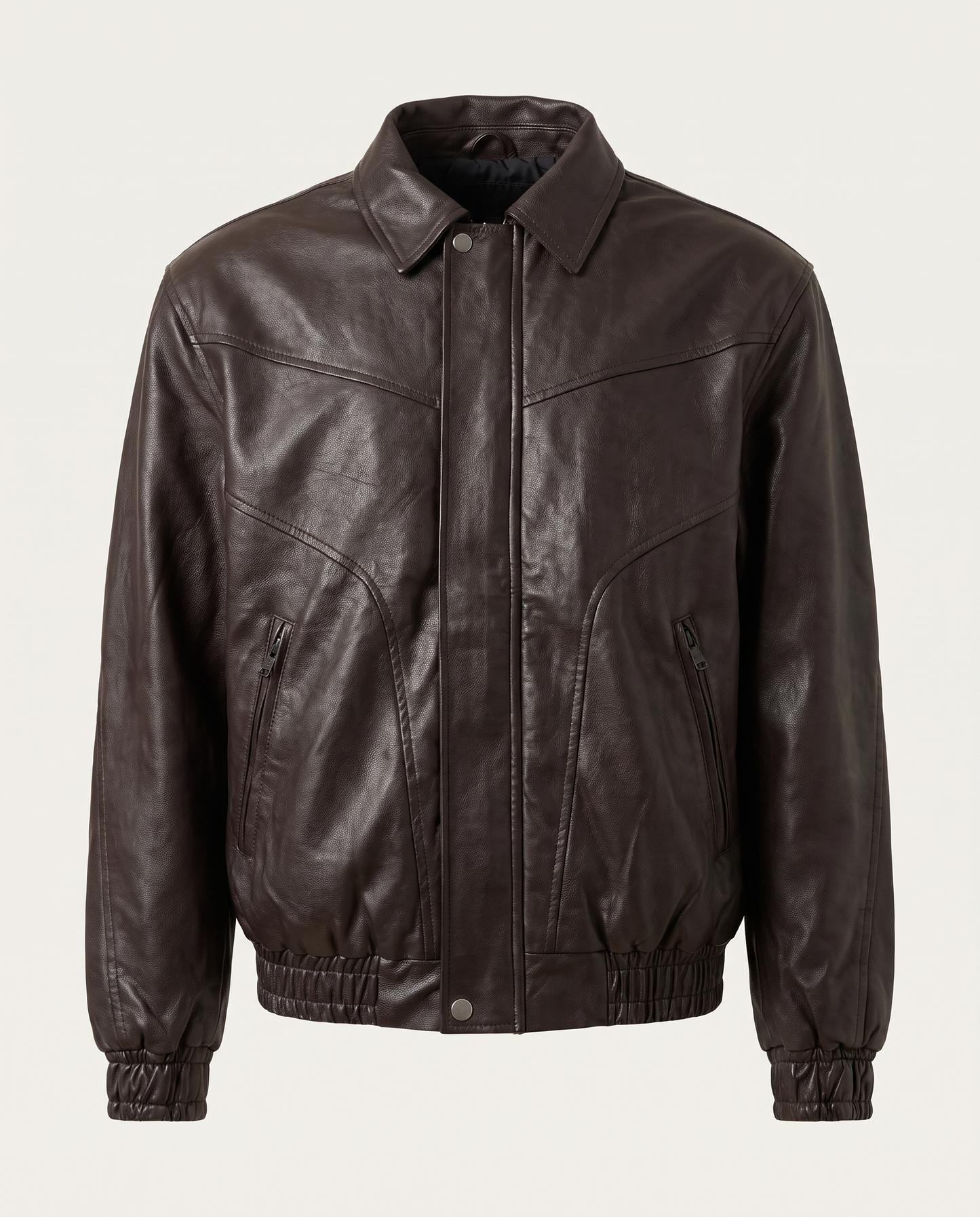 Regular fit bomber jacket in leather with curved seams, brown — front