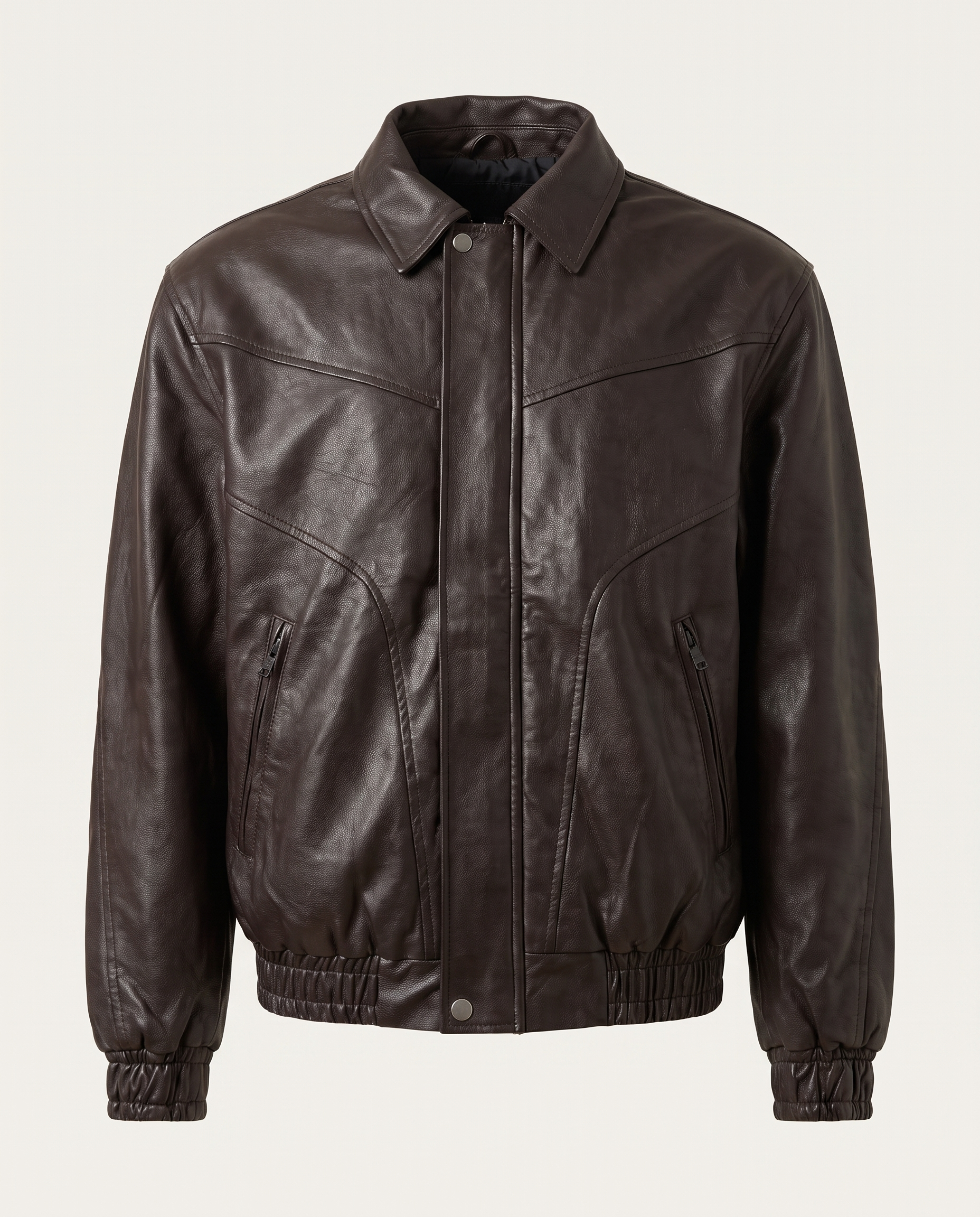 Regular fit bomber jacket in leather with curved seams, brown — front
