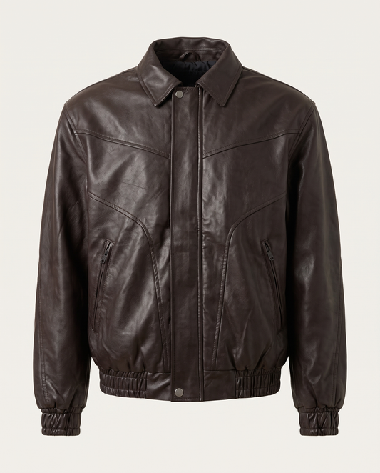 Regular fit bomber jacket in leather with curved seams, brown — front