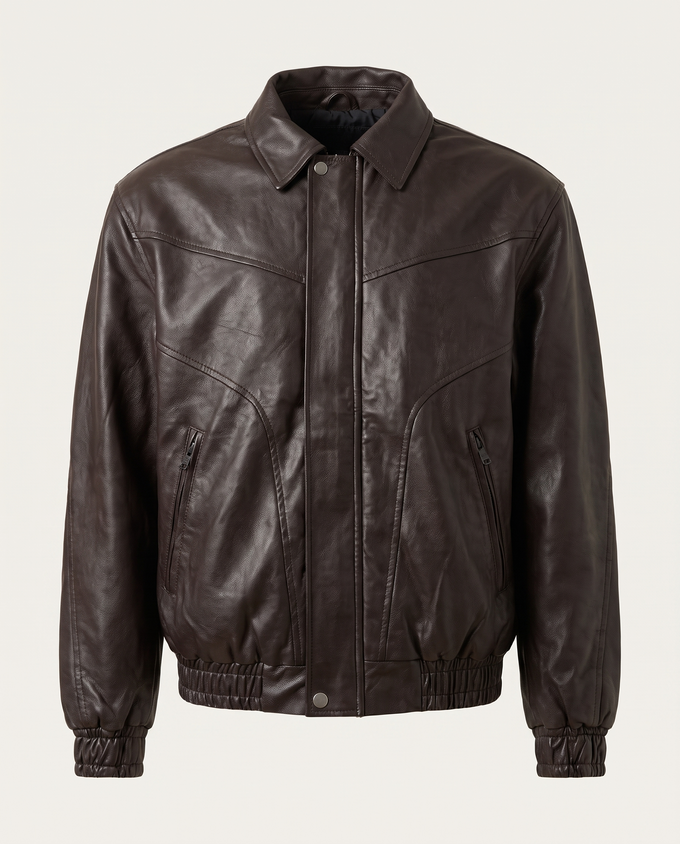 Regular fit bomber jacket in leather with curved seams, brown — front