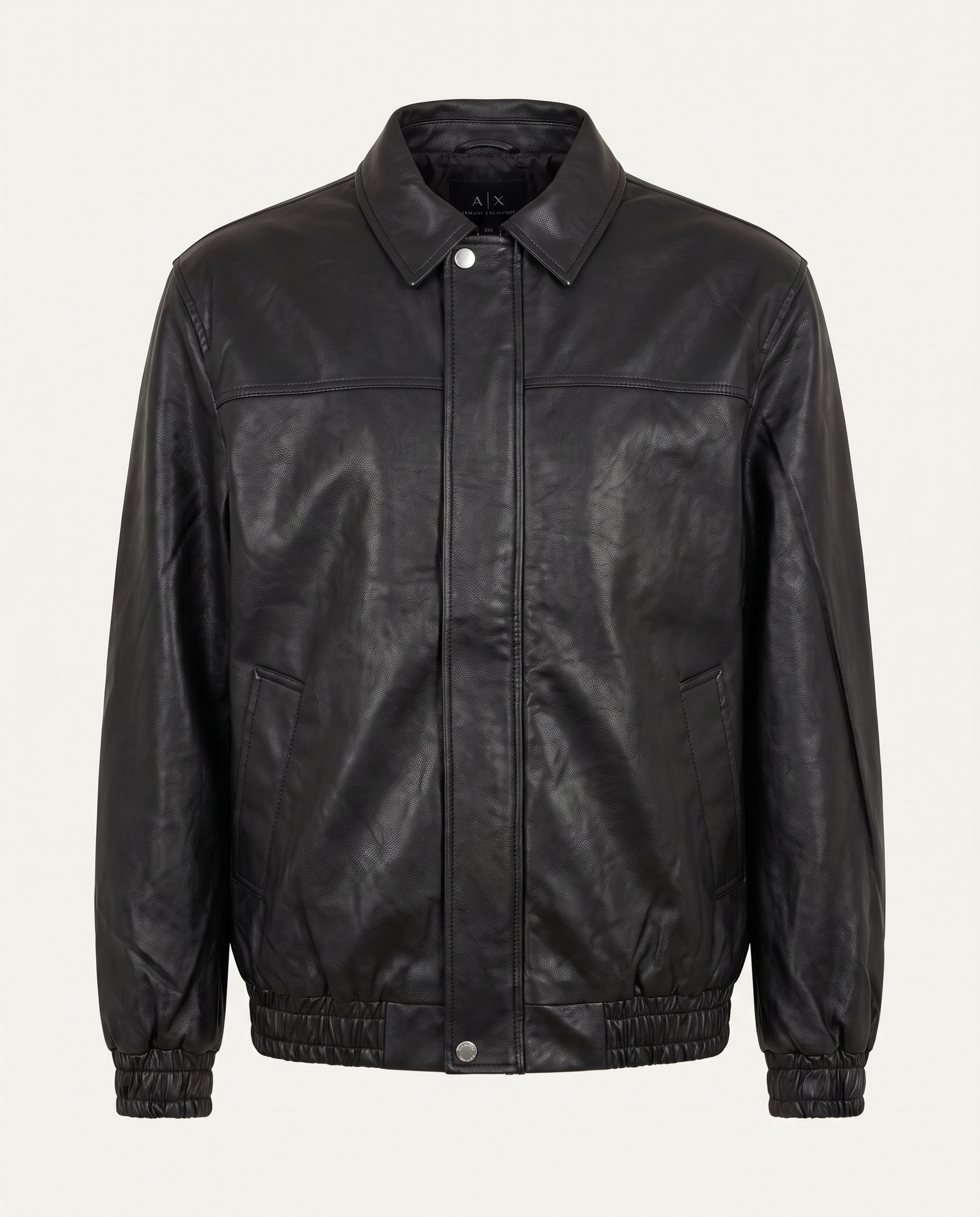 Regular fit blouson jacket in leather with yoke detail, black — front