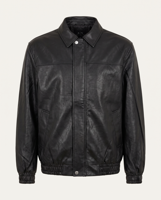 Regular fit blouson jacket in leather with yoke detail, black — front