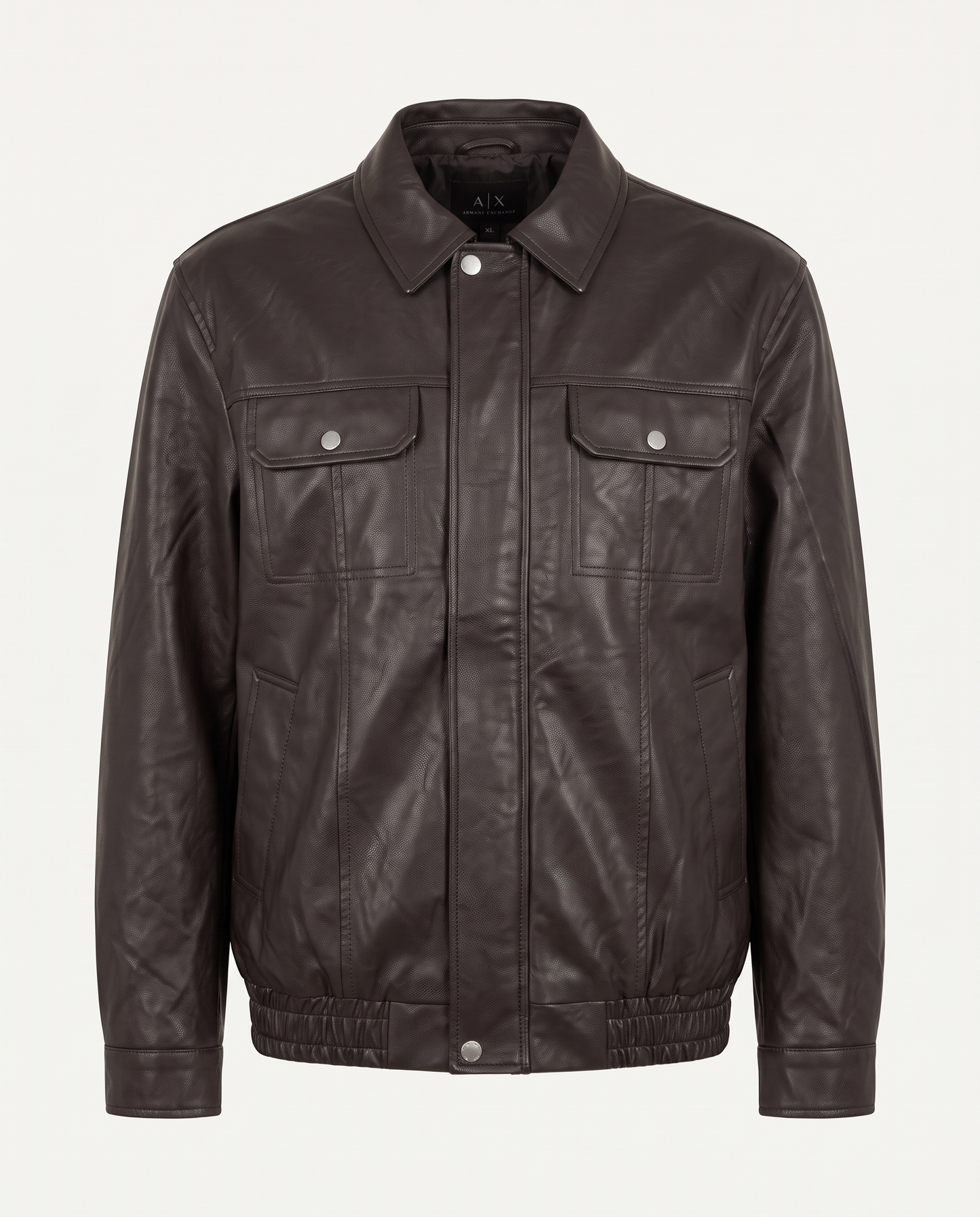 Regular fit trucker jacket in leather with flap pockets, brown — front