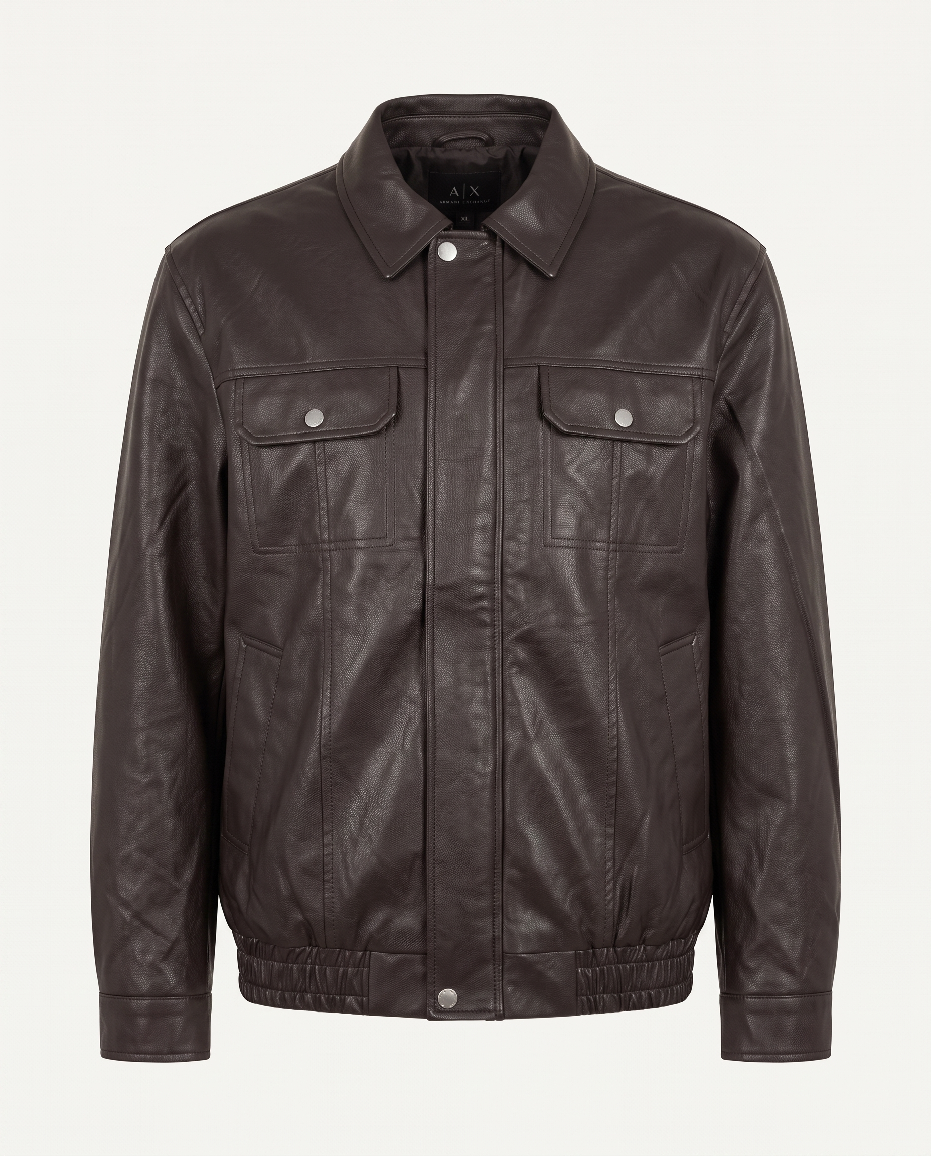 Regular fit trucker jacket in leather with flap pockets, brown — front