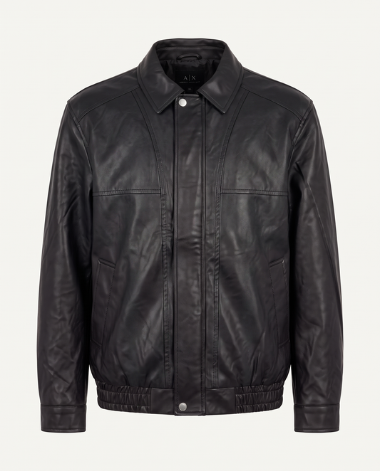 Regular fit blouson jacket in leather with panel seams, black — front