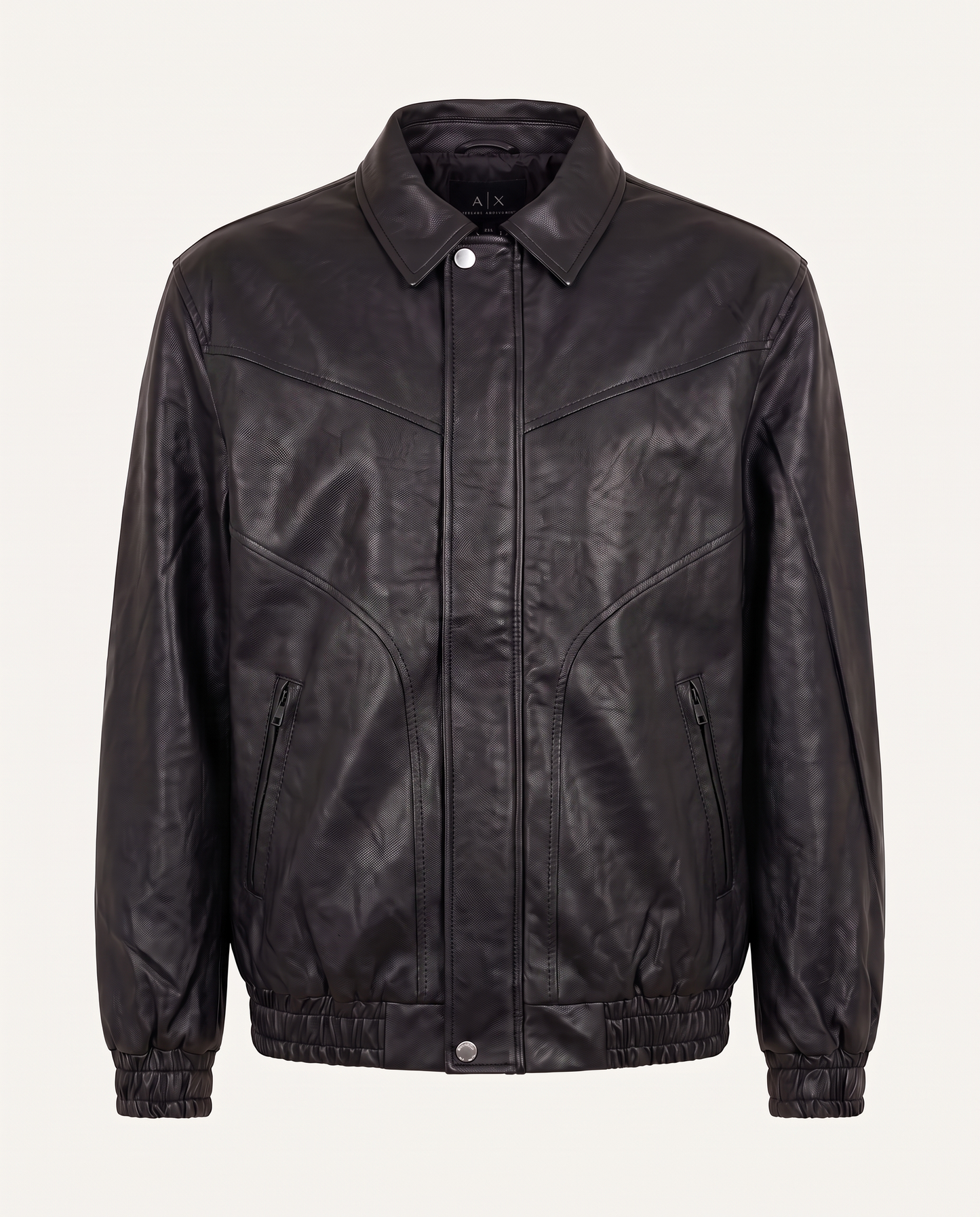 Regular fit bomber jacket in leather with curved seams, black — front