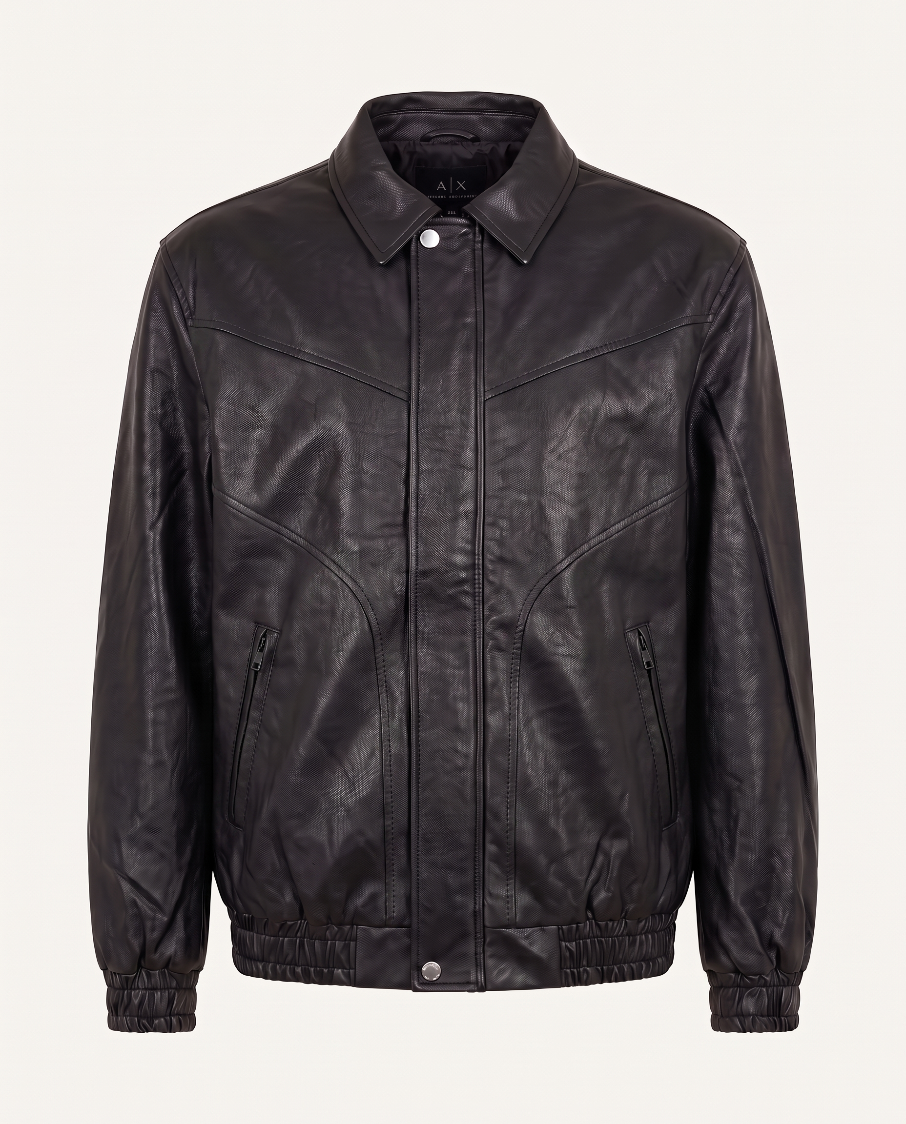 Regular fit bomber jacket in leather with curved seams, black — front