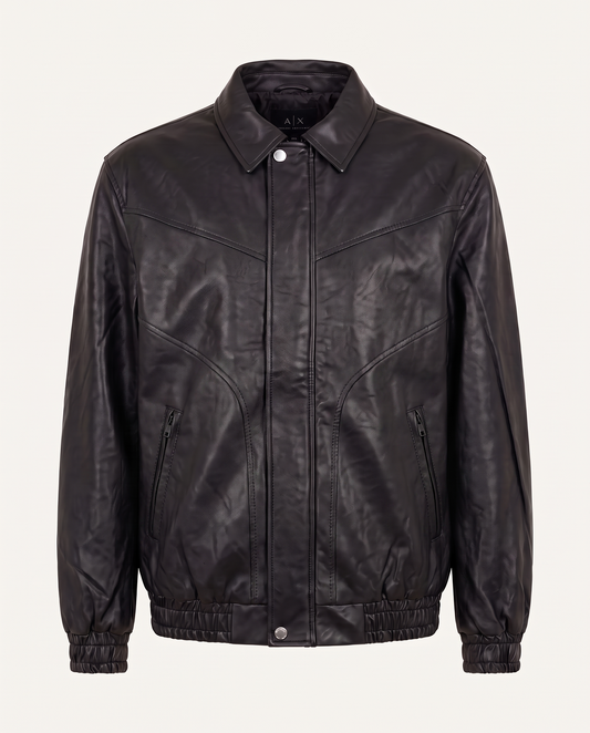 Regular fit bomber jacket in leather with curved seams, black — front