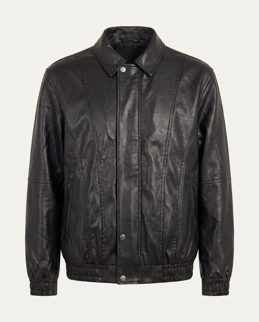 Boxy fit bomber jacket in leather with snap placket, black — front