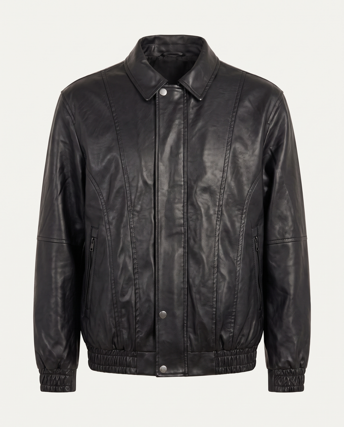 Boxy fit bomber jacket in leather with snap placket, black — front