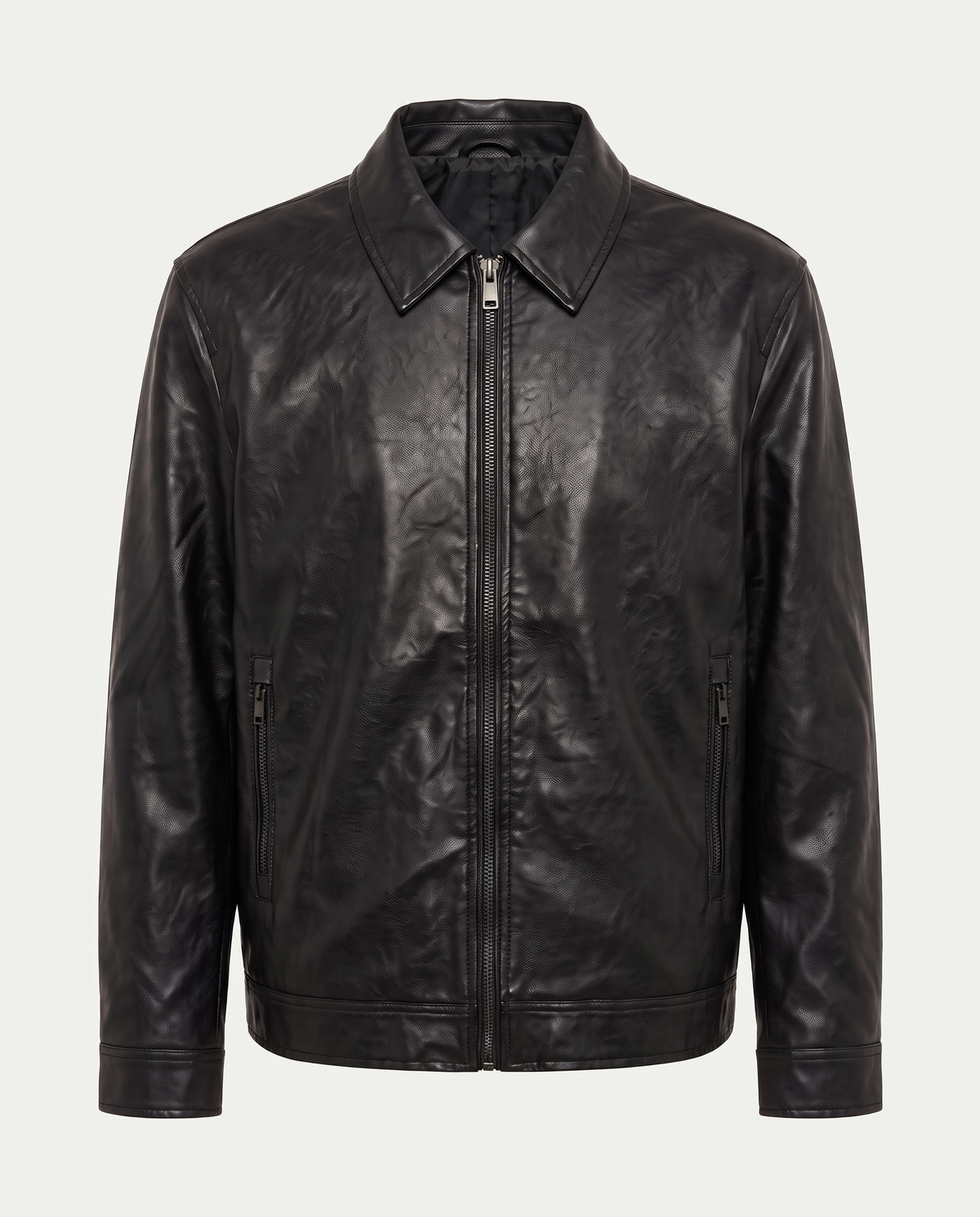 Boxy fit harrington jacket in leather with zip front, black — front