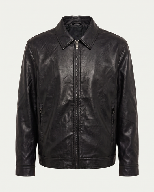 Boxy fit harrington jacket in leather with zip front, black — front