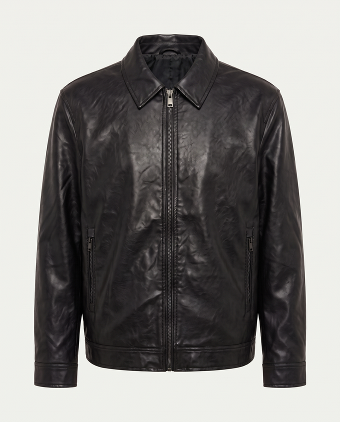 Boxy fit harrington jacket in leather with zip front, black — front
