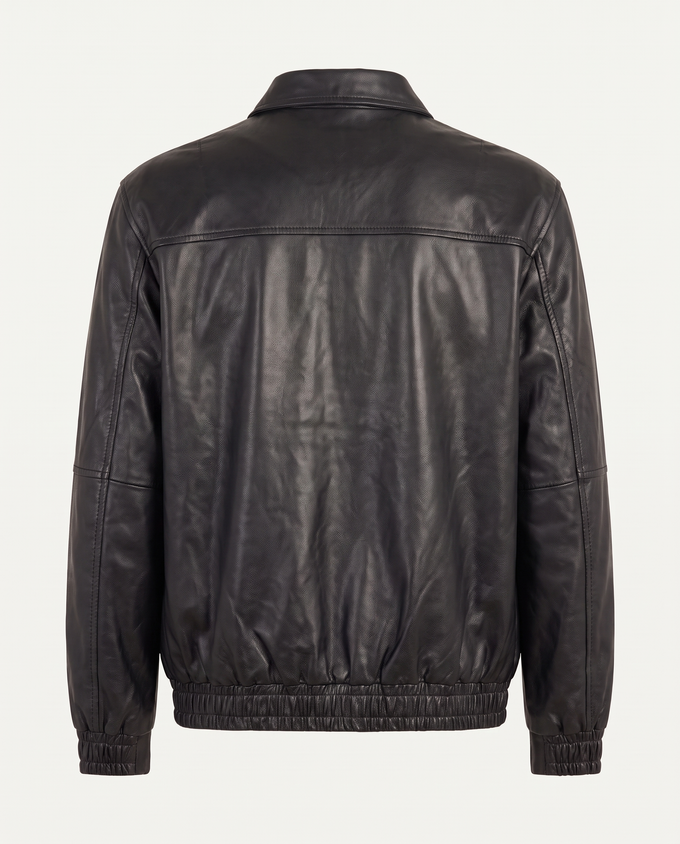 Boxy fit bomber jacket in leather with snap placket, black — back
