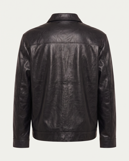 Boxy fit harrington jacket in leather with zip front, black — back