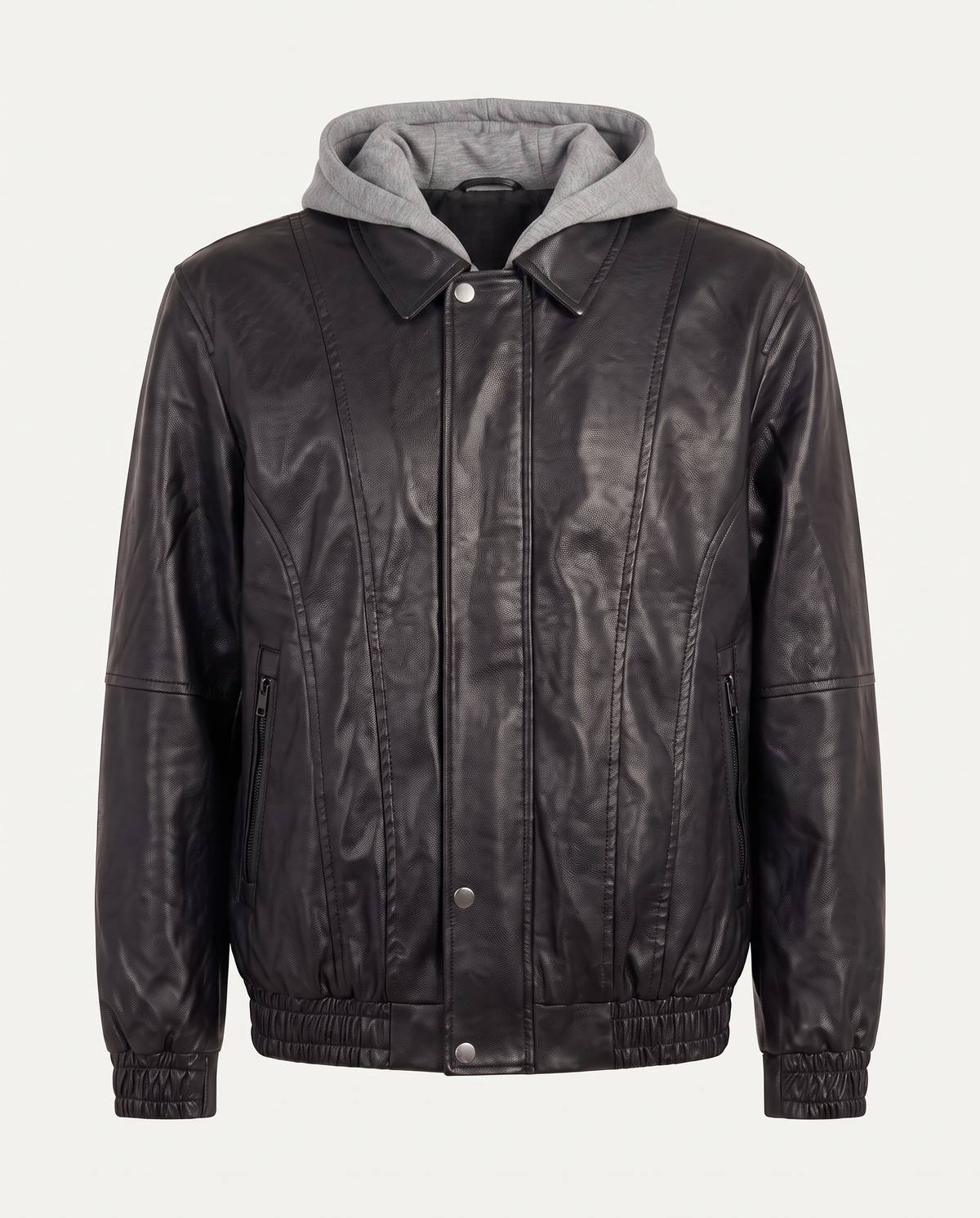Boxy fit bomber jacket in leather with grey jersey hood, black — front