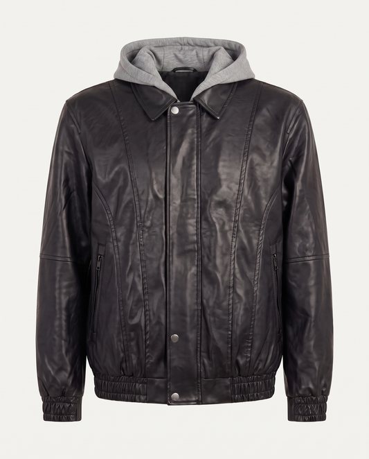 Boxy fit bomber jacket in leather with grey jersey hood, black — front