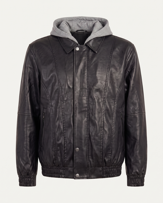 Boxy fit bomber jacket in leather with grey jersey hood, black — front